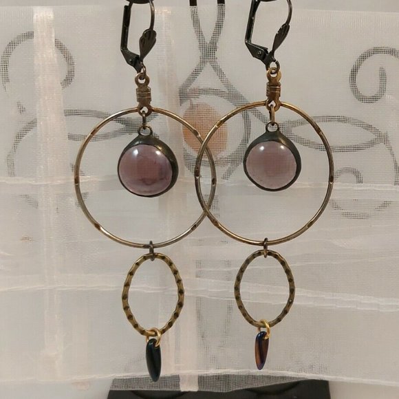 Vintage double hoop dangle earrings, glass center bead and opalescent teardrop b - Picture 2 of 8
